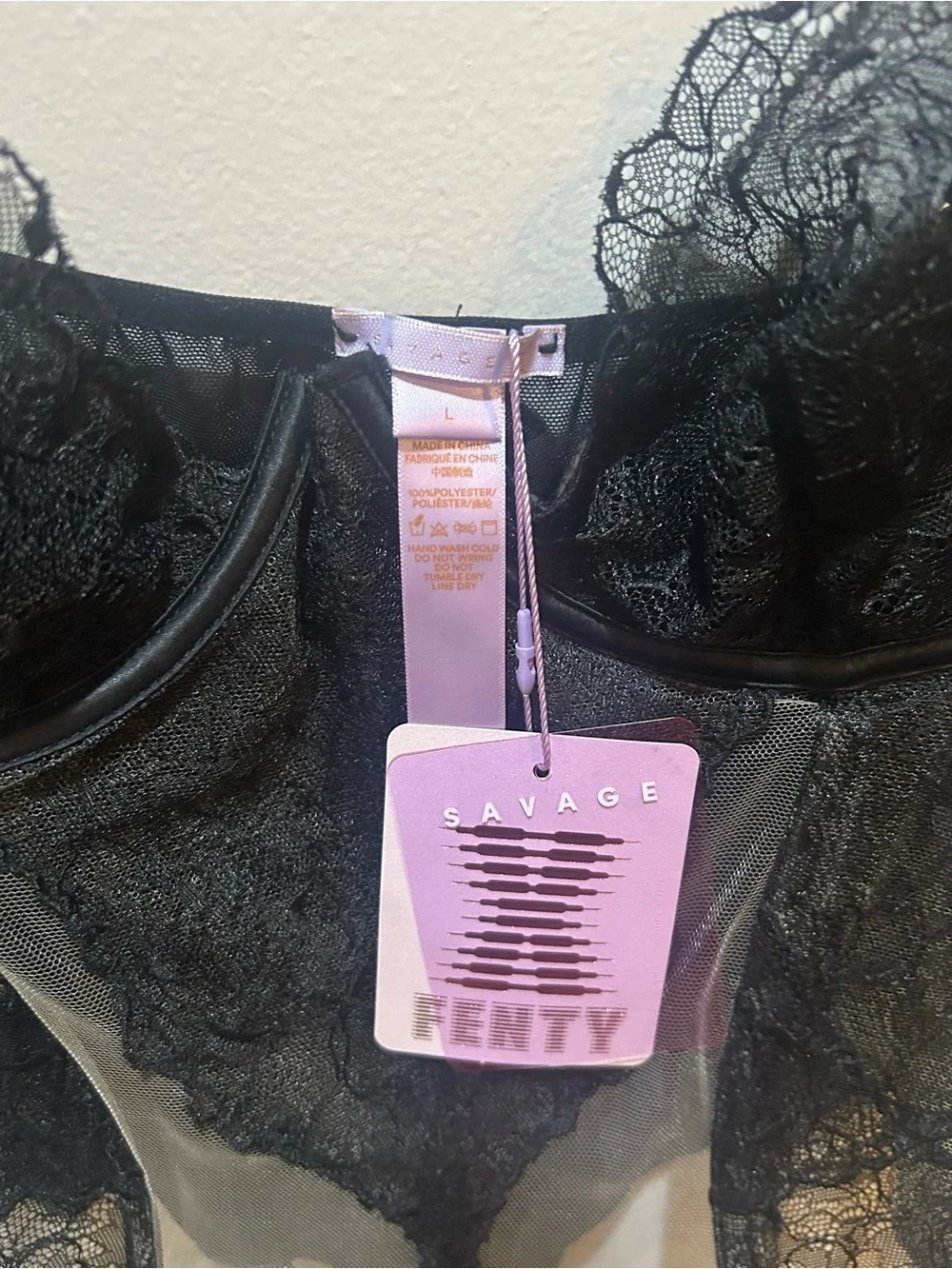 Savage X Fenty Black Lace Bustier Bodysuit with Garters Sz L